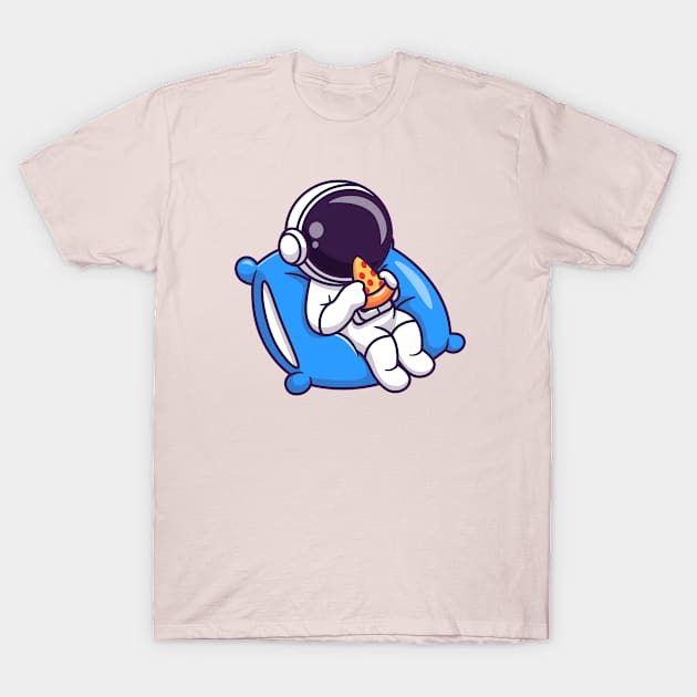 Cute Astronaut Eating Pizza On Pillow Cartoon T-Shirt by Catalyst Labs